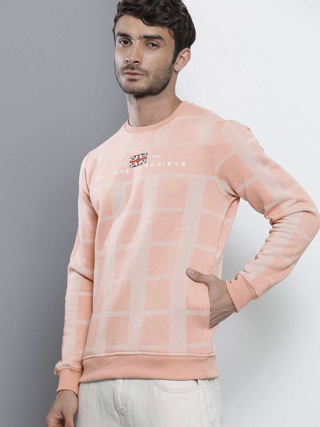 The Indian Garage Co Men Pink Checked Sweatshirt