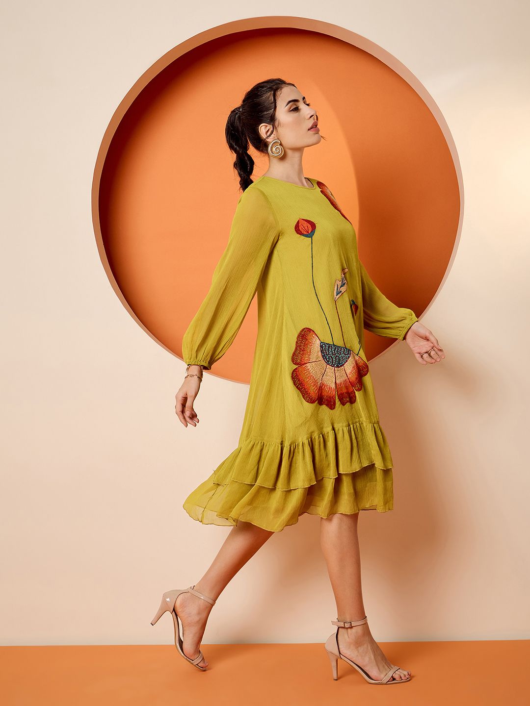 Antheaa Chiffon Embroidered A-Line Knee Length Dress