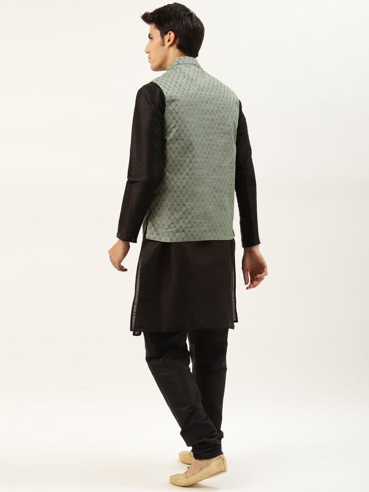 SOJANYA Men Green & Black Ethnic Motifs Jacquard Kurta and Churidar with Nehru Jacket