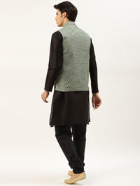 SOJANYA Men Green & Black Ethnic Motifs Jacquard Kurta and Churidar with Nehru Jacket