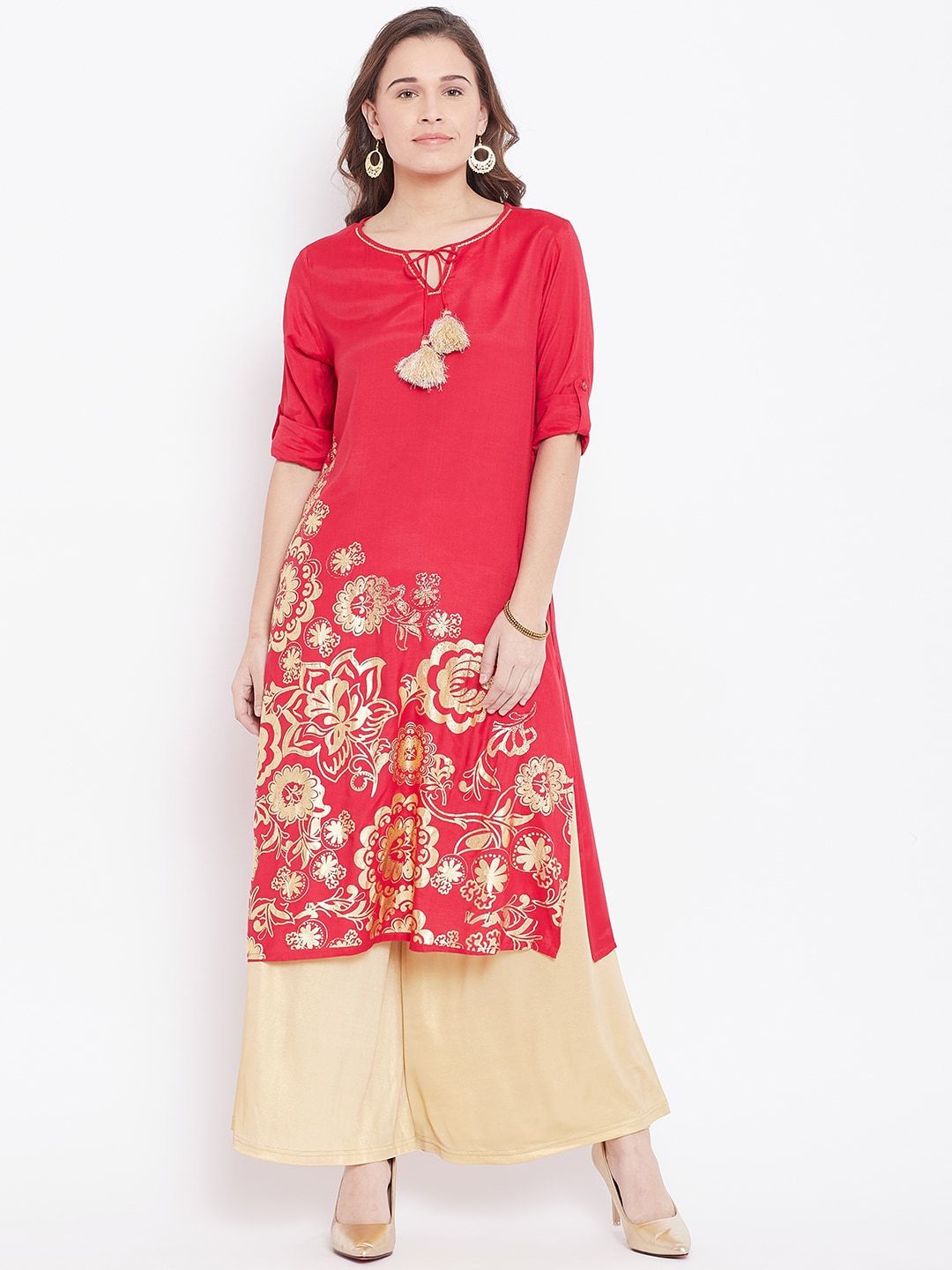 Global Desi Women Red Printed Straight Kurta