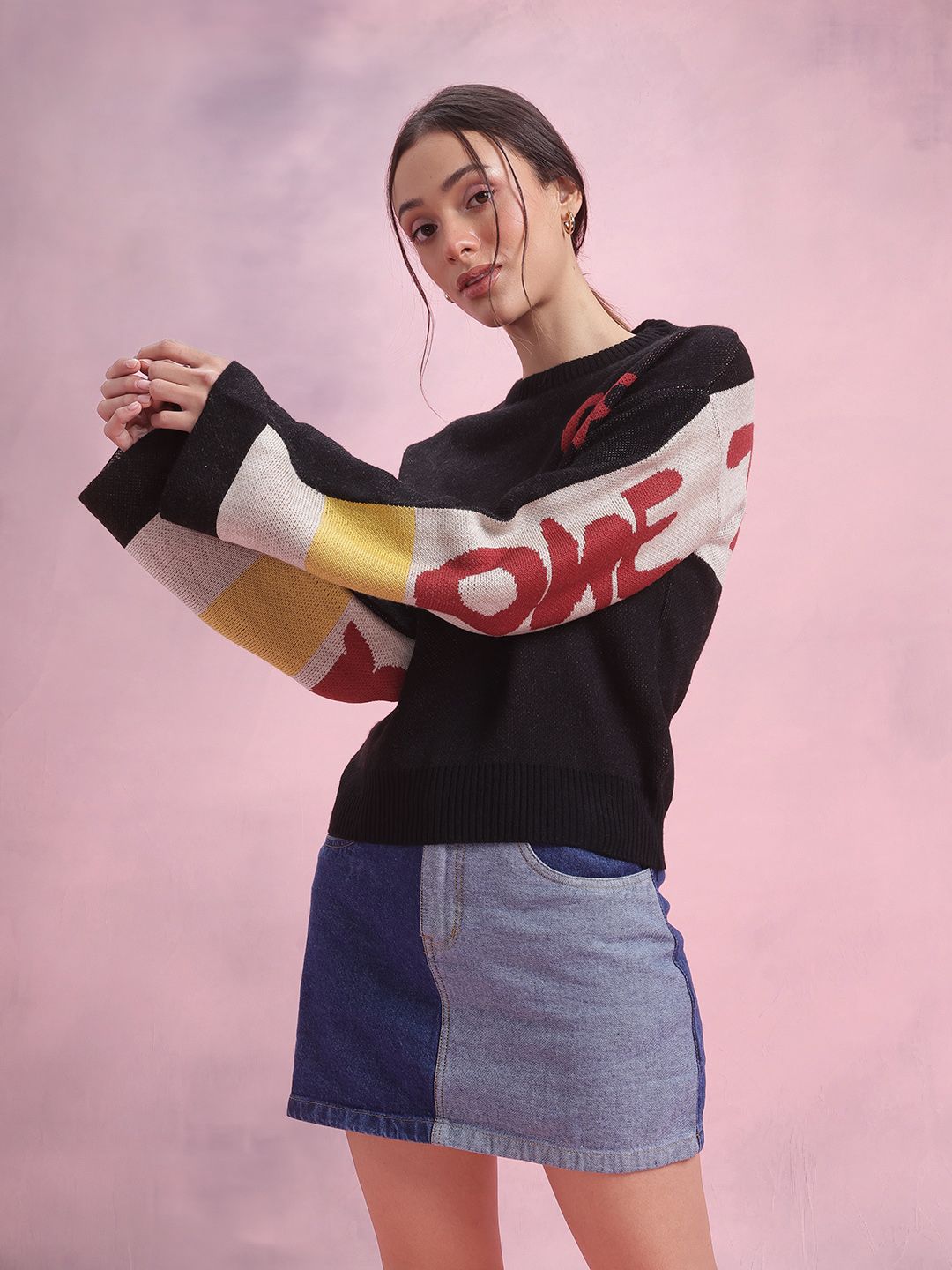 DressBerry Typography Colourblocked Flared Sleeve Pullover