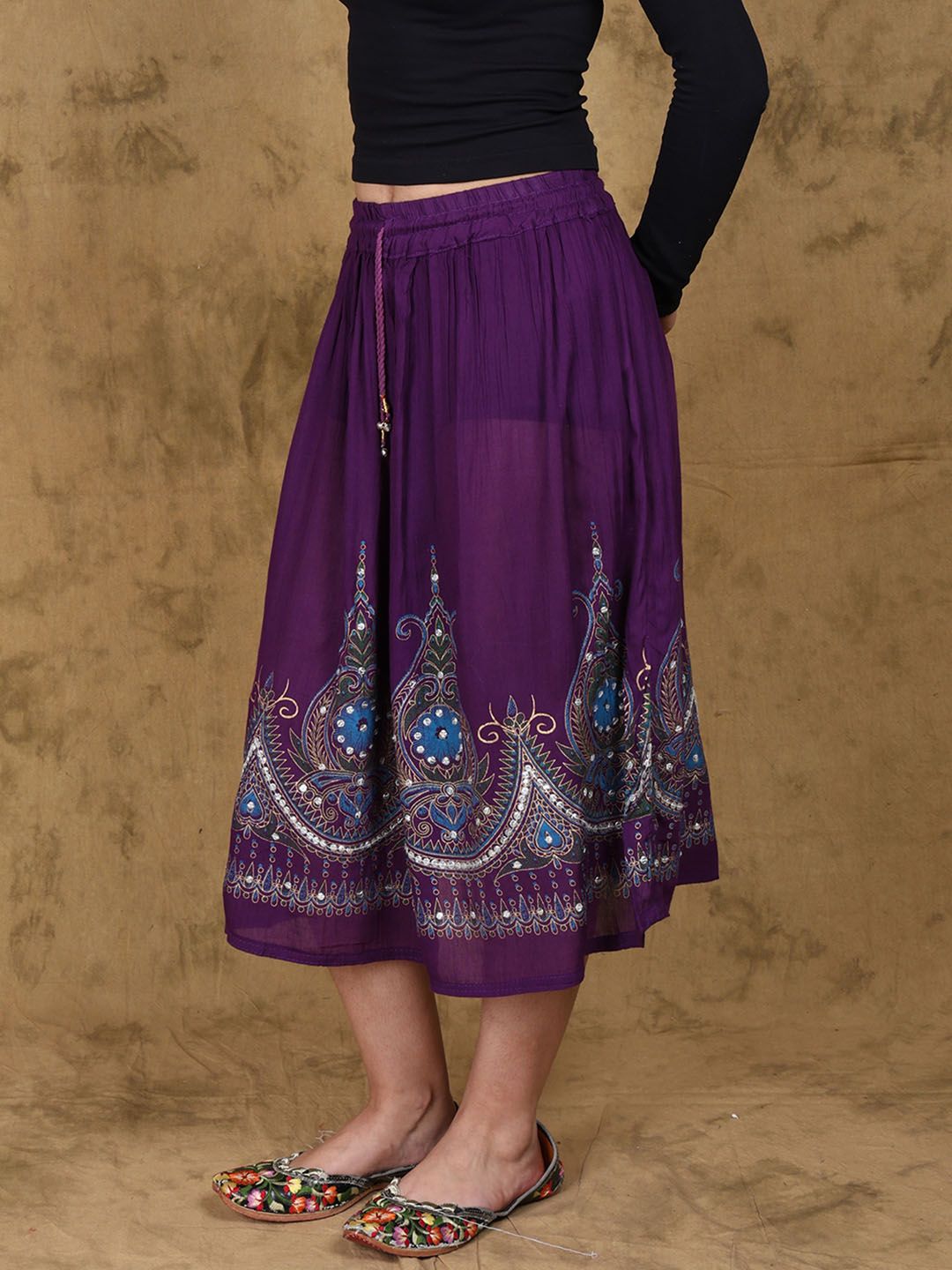 Exotic India Printed Flared Midi Skirts