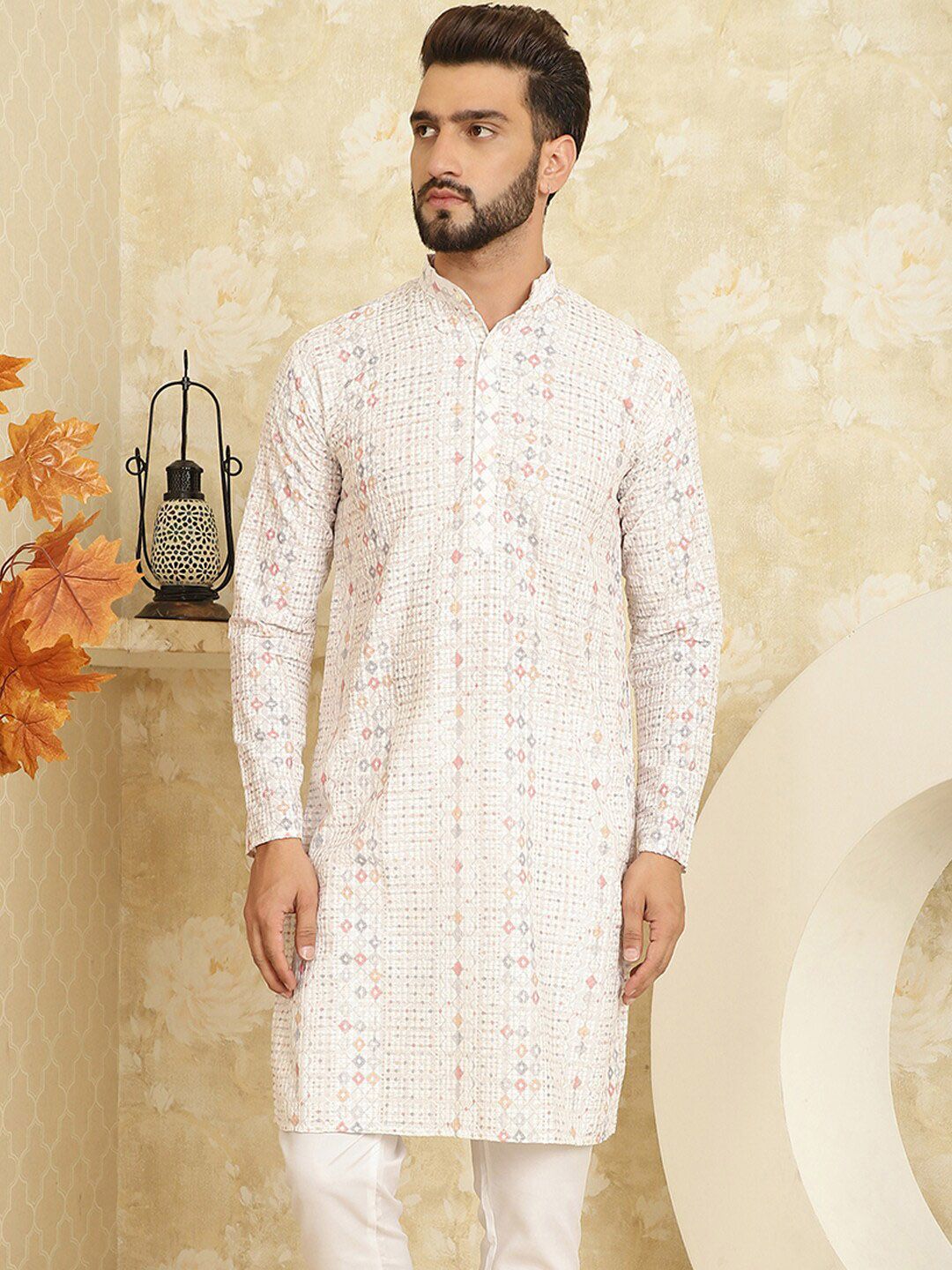 SOJANYA Kurta Katun Tulen Bersulam Geometrik Kolar Mandarin Lurus