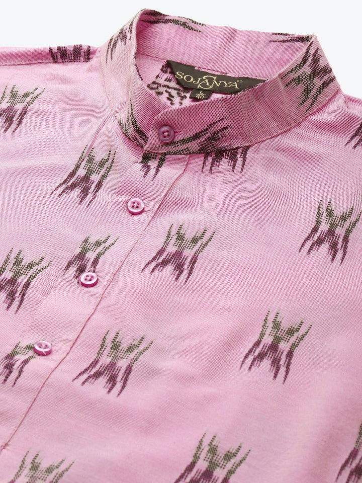 Sojanya Men Pink & Black Geometric Ikkat Cotton Kurta
