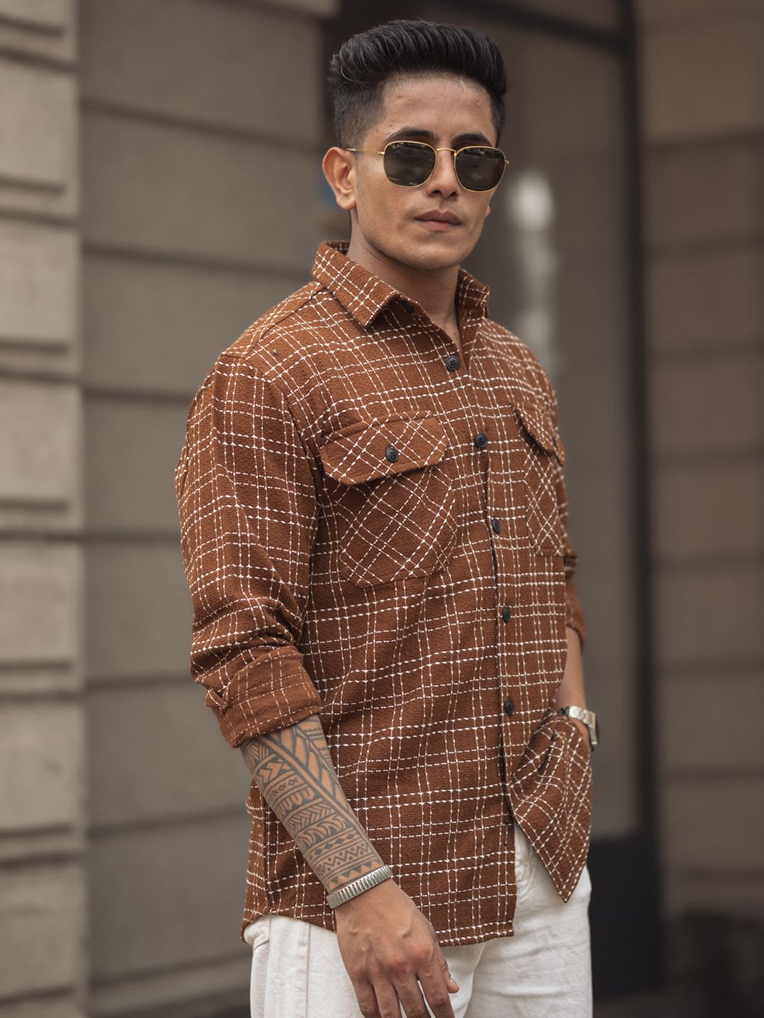 Powerlook Men Spread Collar Tartan Checked Casual Shirt