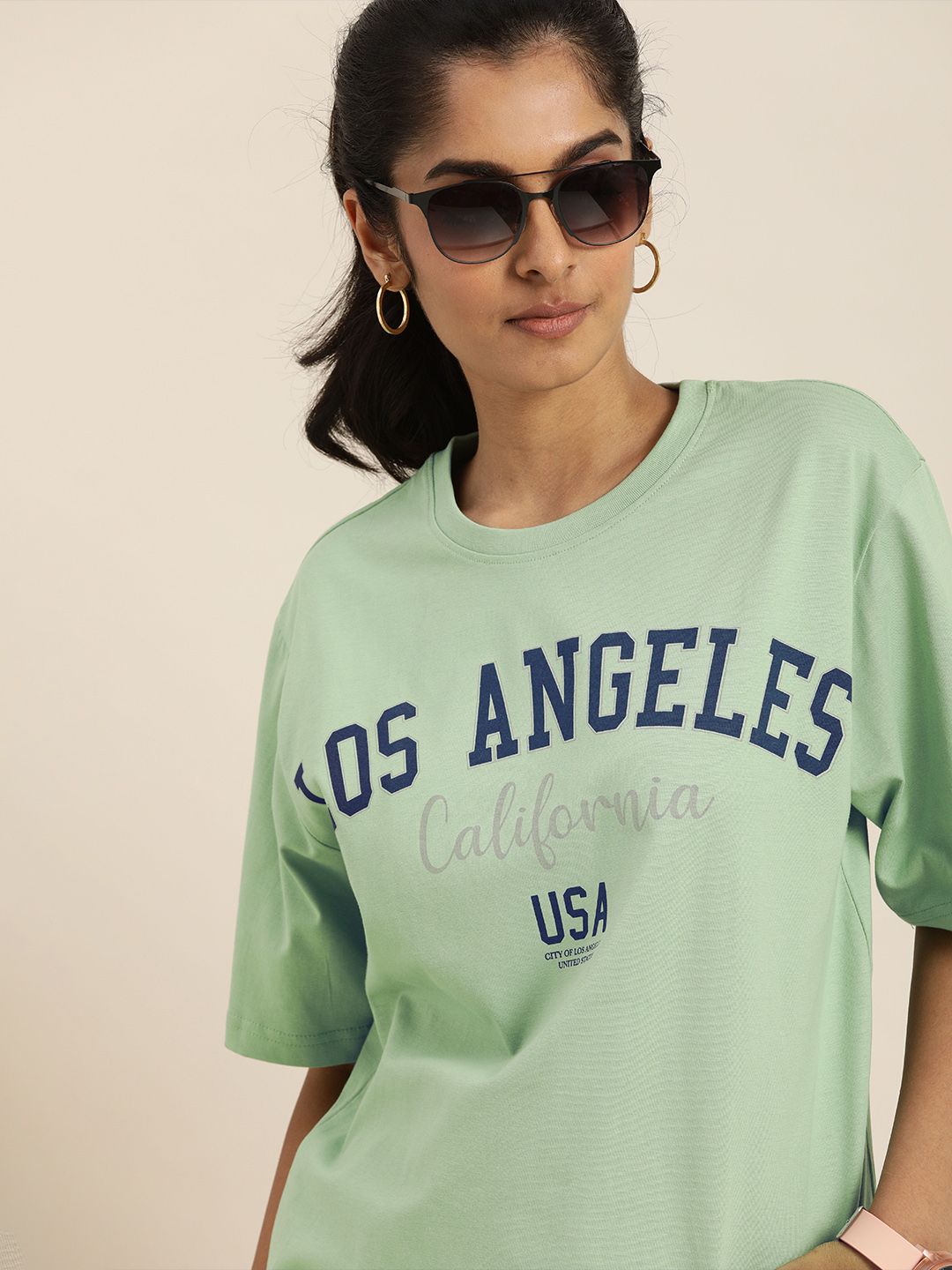DILLINGER Women Green Printed Drop-Shoulder Sleeves Oversized Pure Cotton T-shirt