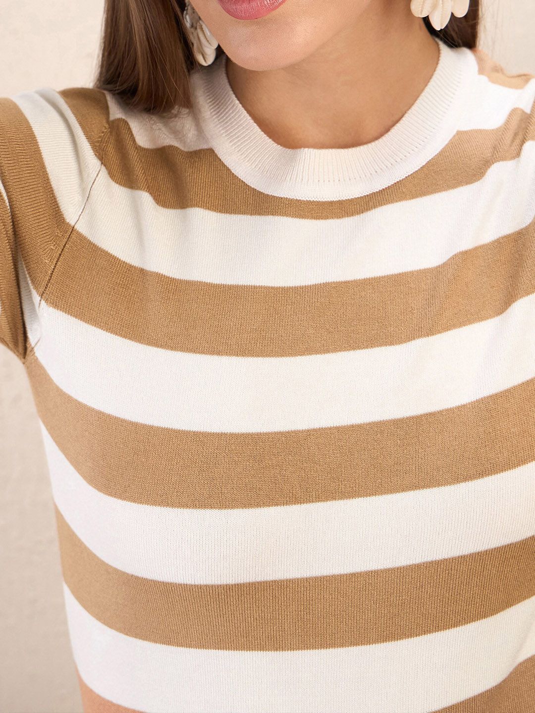 SASSAFRAS Striped Round Neck Crochet Crop Top