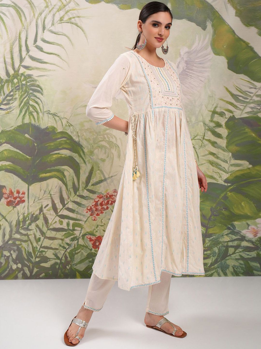 Vishudh Cream Coloured Embroidered Pure Cotton Anarkali Kurta With Trousers & Dupatta
