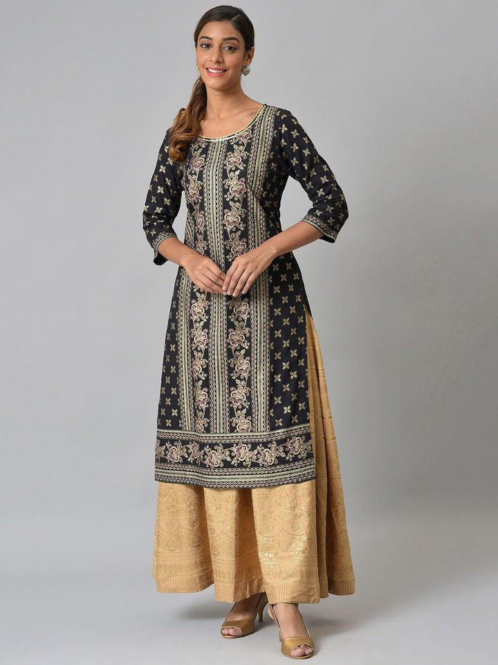Aurelia Women Black Floral Print Viscose Straight Kurta