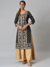 Aurelia Women Black Floral Print Viscose Straight Kurta