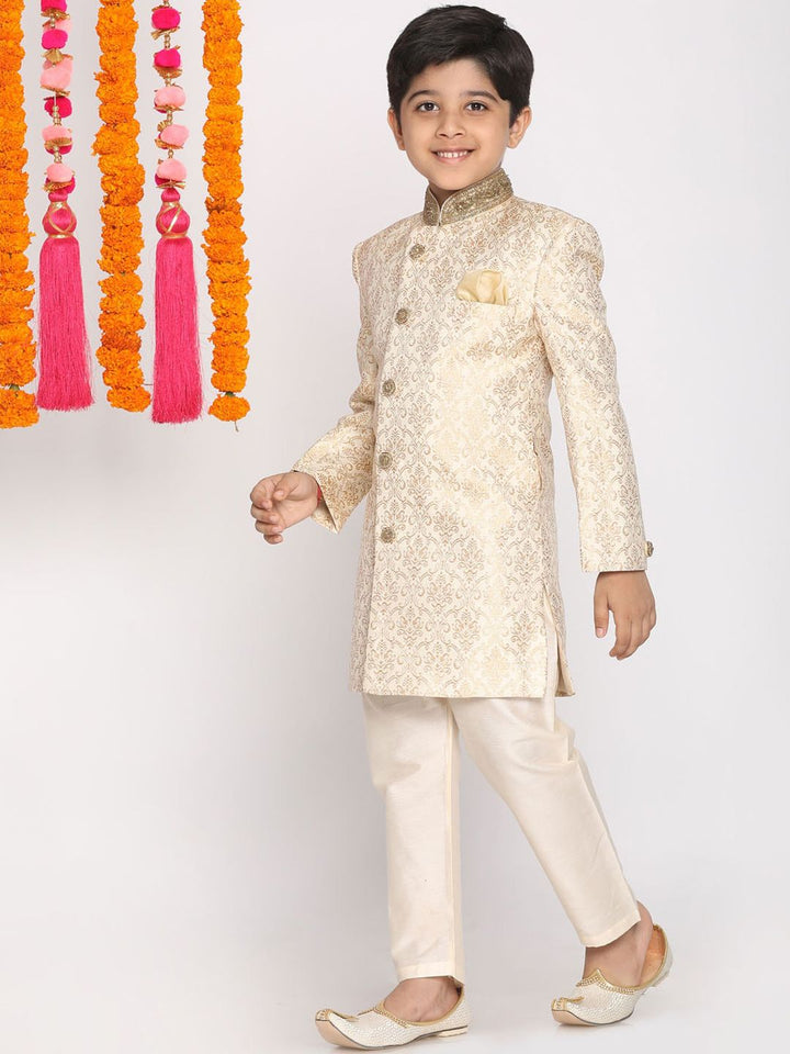 Vastramay Boys Beige & Cream-coloured Slim-Fit Sherwani Set
