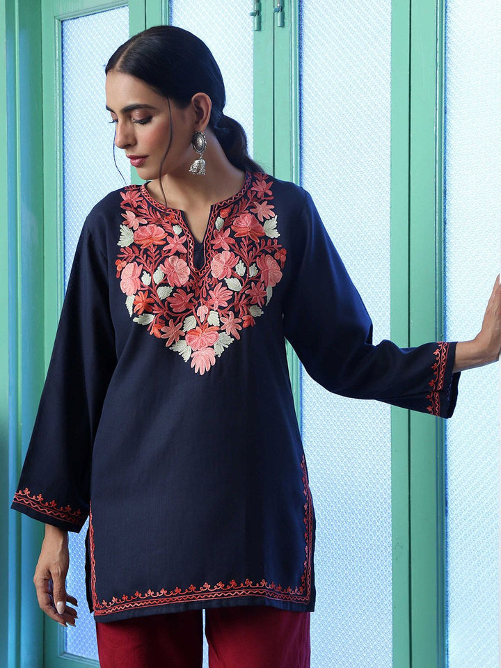House of Chikankari Women Navy Blue Cotton Aari Embroidered Kurta