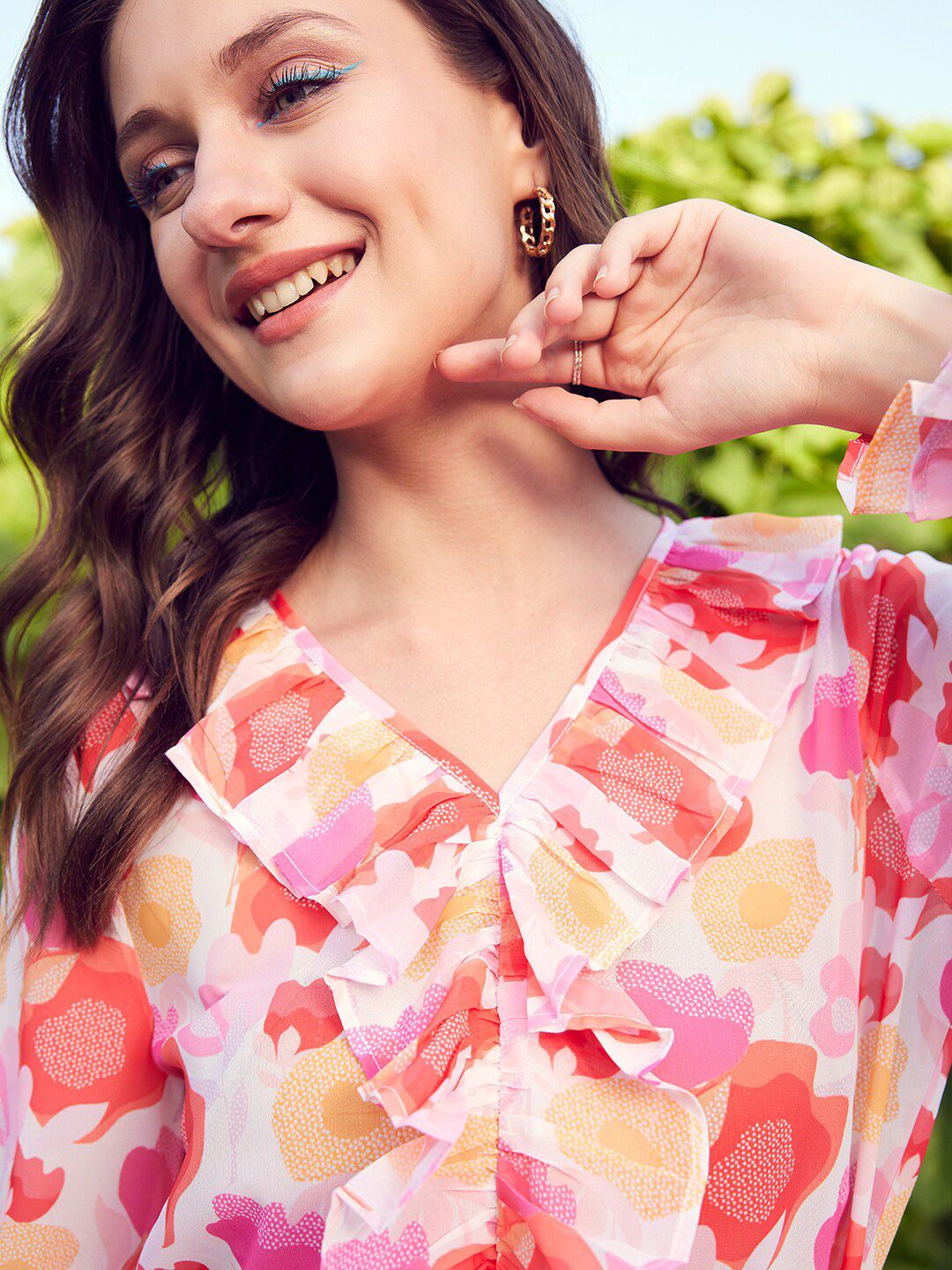 STREET 9 Pink Abstract Printed V-Neck Ruffles Top
