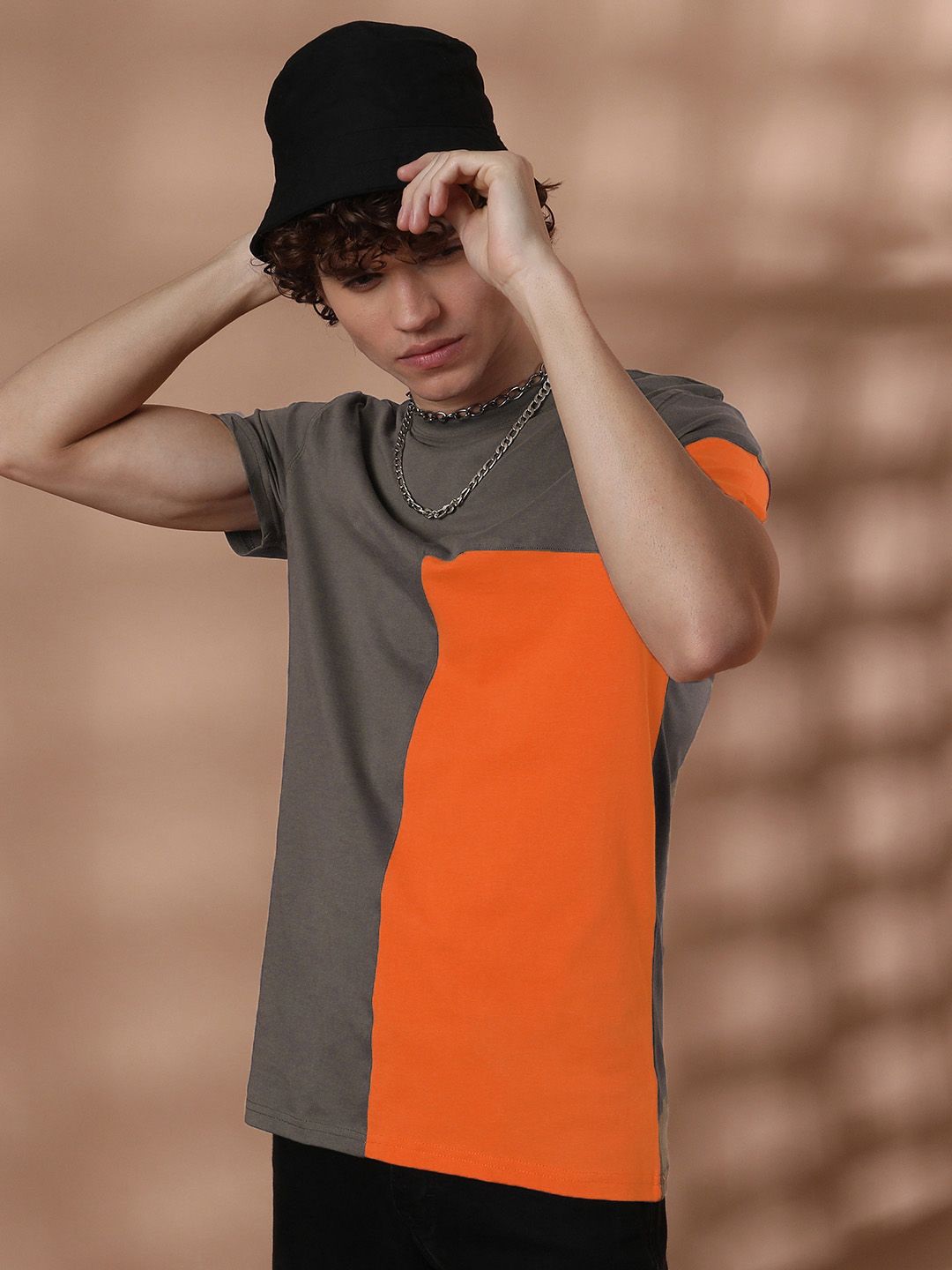 The Indian Garage Co Men Grey  Orange Colourblocked Round Neck Pure Cotton T-shirt