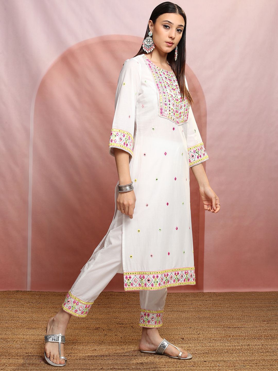 Vishudh Round Neck Ethnic Motifs Embroidered Mirror Work Pure Cotton Straight Kurta Set