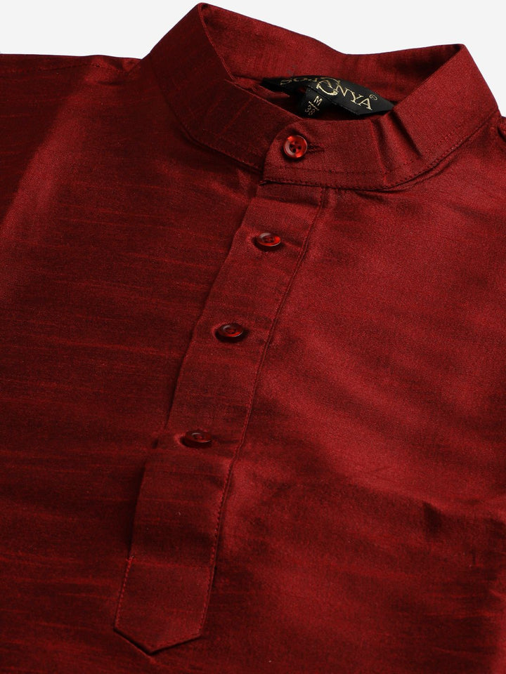SOJANYA Men Maroon & Mustard Yellow Solid Kurta with Churidar & Nehru Jacket