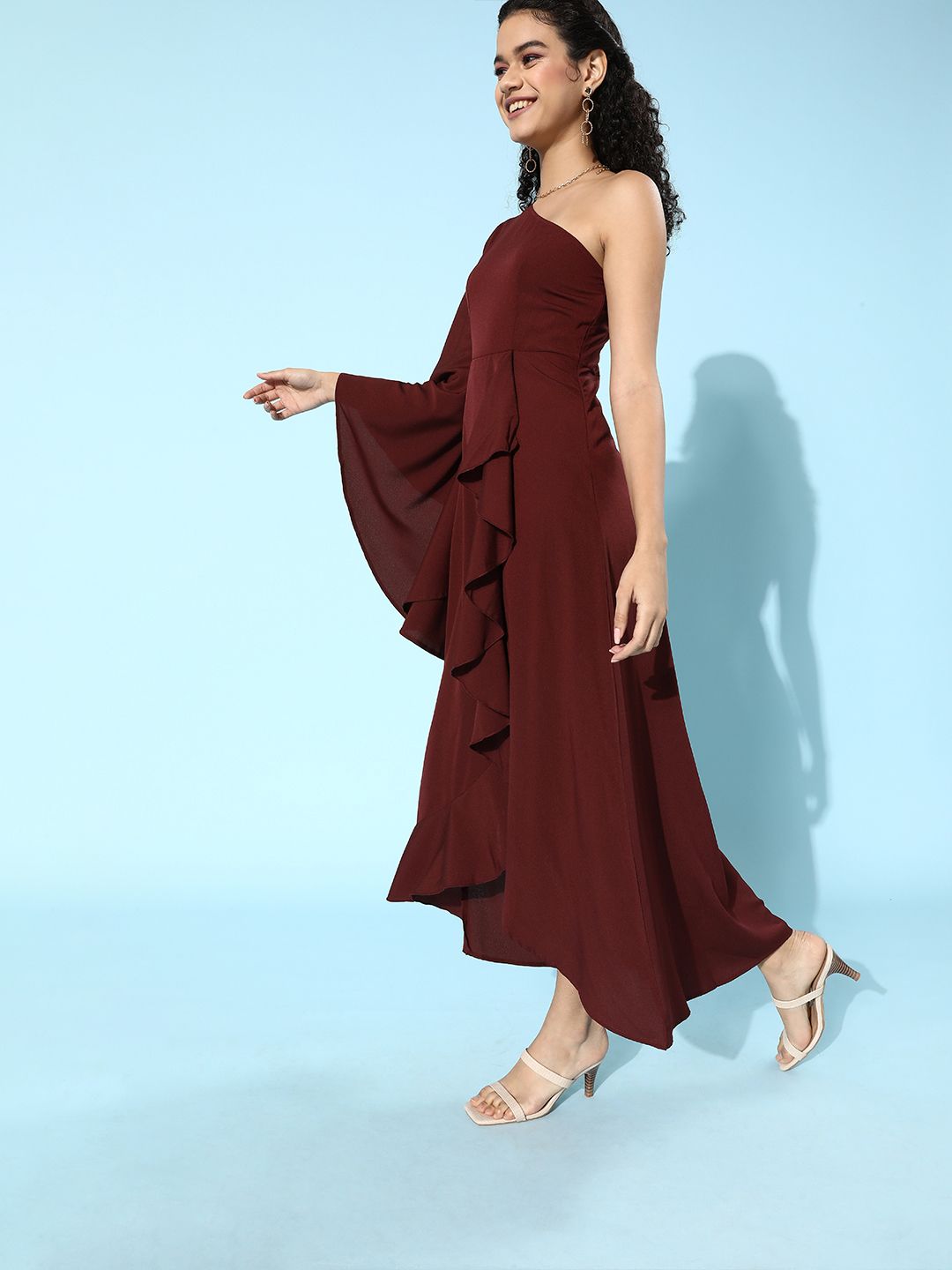 Berrylush Women Charming Maroon Solid Flounced Dress