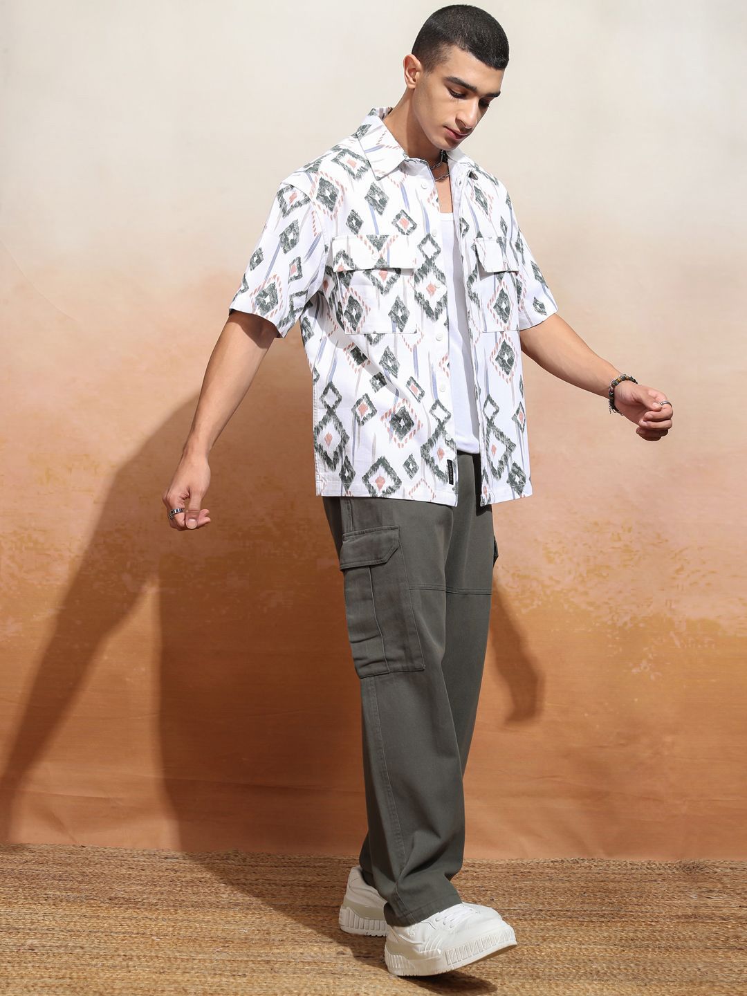 HIGHLANDER Men Cord Textured Checked Utility Pocket Oversized Overshirt