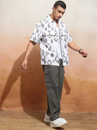 HIGHLANDER Men Cord Textured Checked Utility Pocket Oversized Overshirt