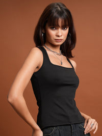 Tokyo Talkies Black Ribbed Square Neck Fitted Top