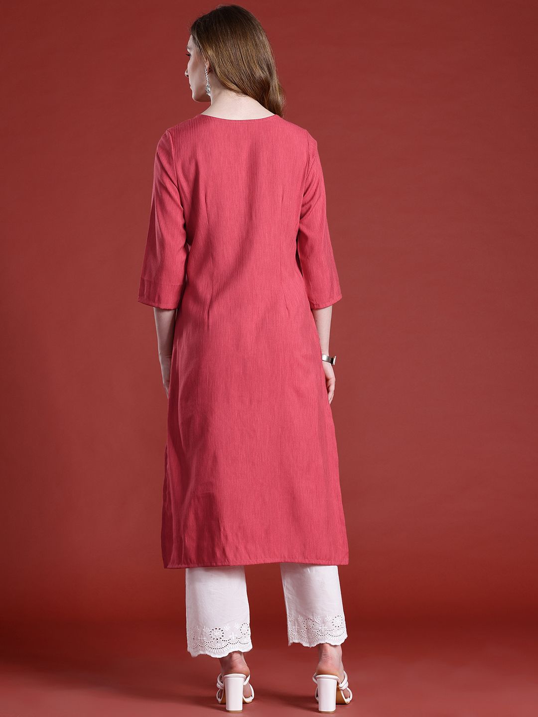 Anouk Thread Work Detail Calf Length Straight Kurta with Mock Buttons