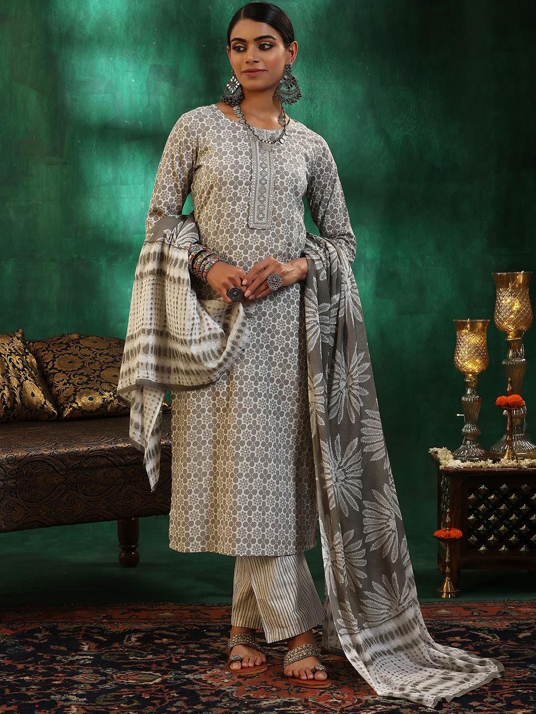 Libas Ethnic Motifs Printed Sequinned Pure Cotton A Line Kurta with Trousers & Dupatta