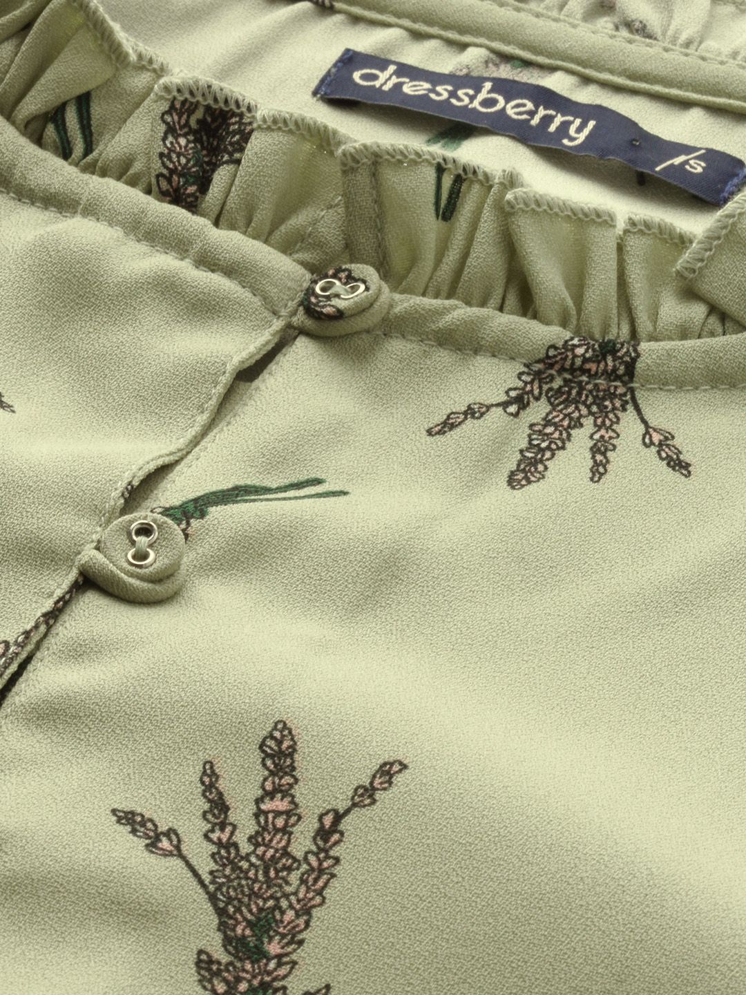 DressBerry Olive Green Floral Shirt Style Top