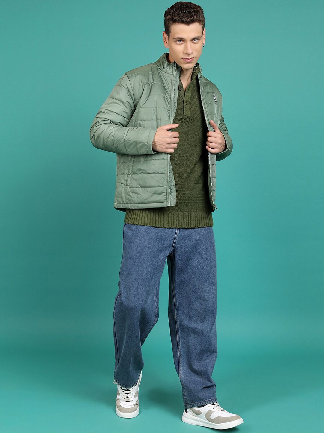 HIGHLANDER Olive Green Mock Collar Padded Jacket