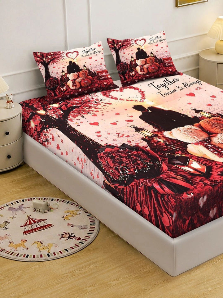 KLOTTHE Red Conversational 400 TC King Bedsheet with 2 Pillow Covers