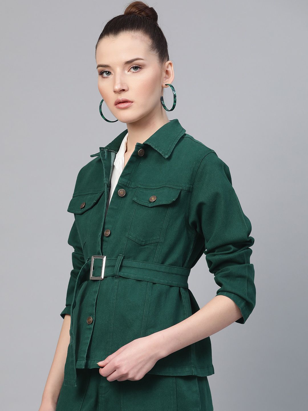 SASSAFRAS Women Green Solid Denim Jacket with Belt