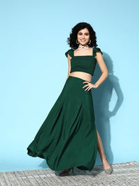 Berrylush Women Green Solid Top with Skirt
