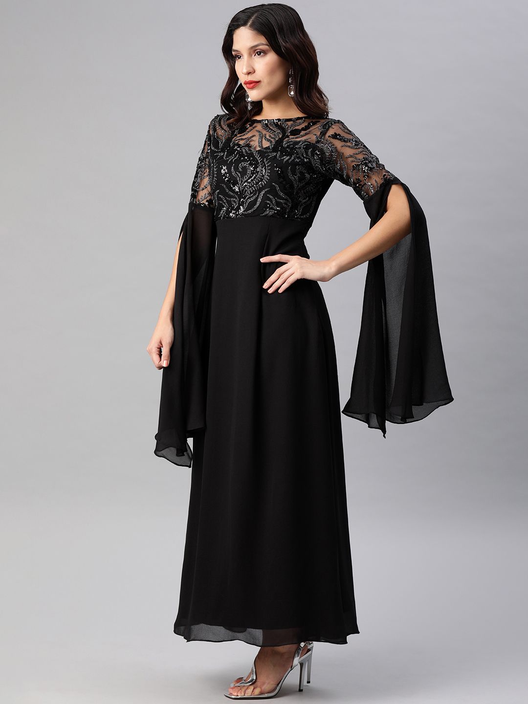 Athena Black Embellished Slit Sleeves Maxi Dress