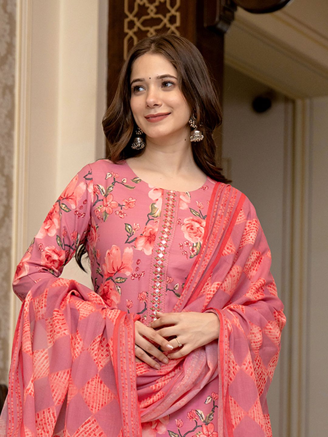 KALINI Floral Printed Mirror Work Straight Kurta With Trousers & Dupatta