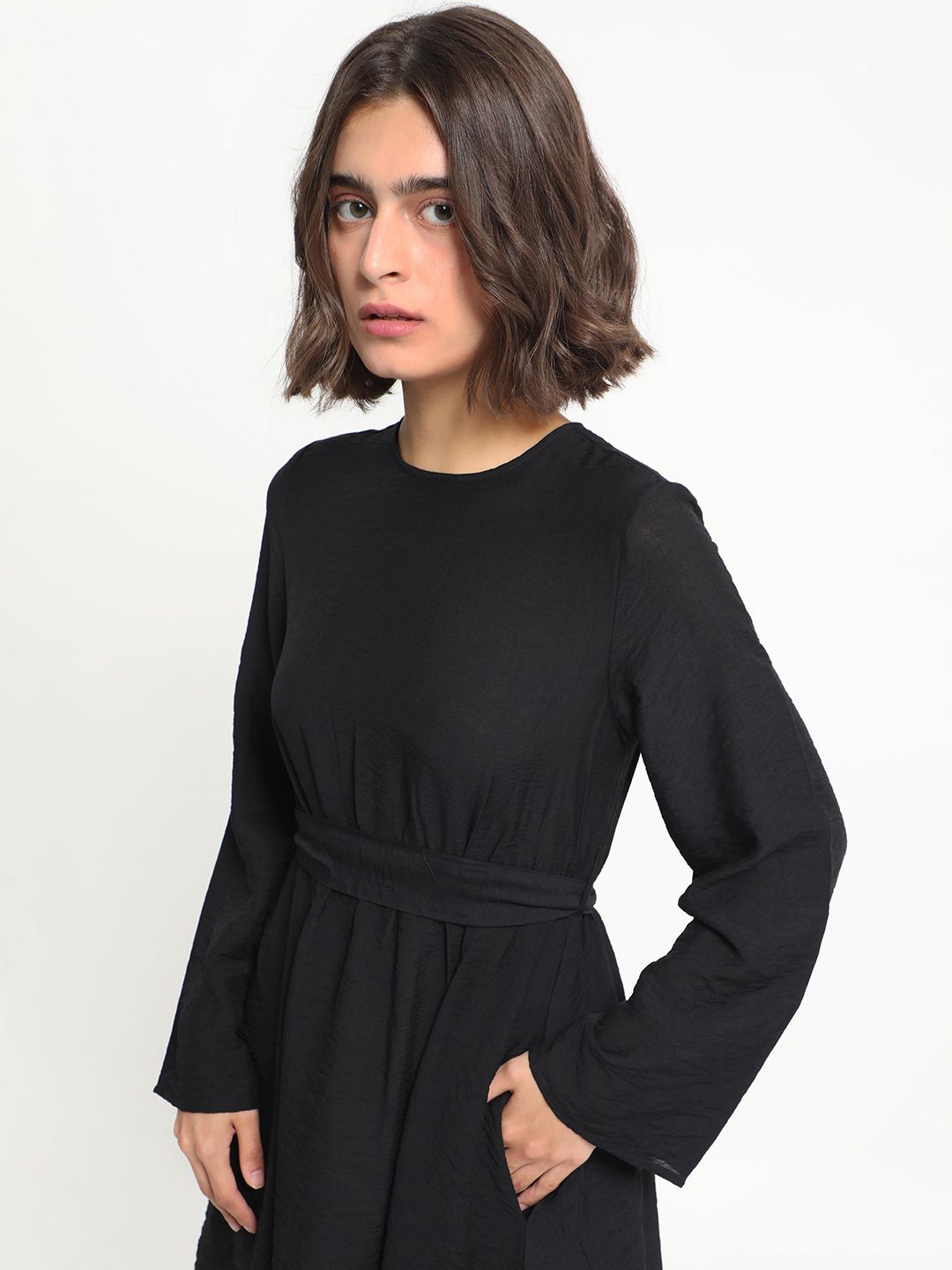 RAREISM Round Neck Flared Sleeves Gathered Fit & Flare Dress