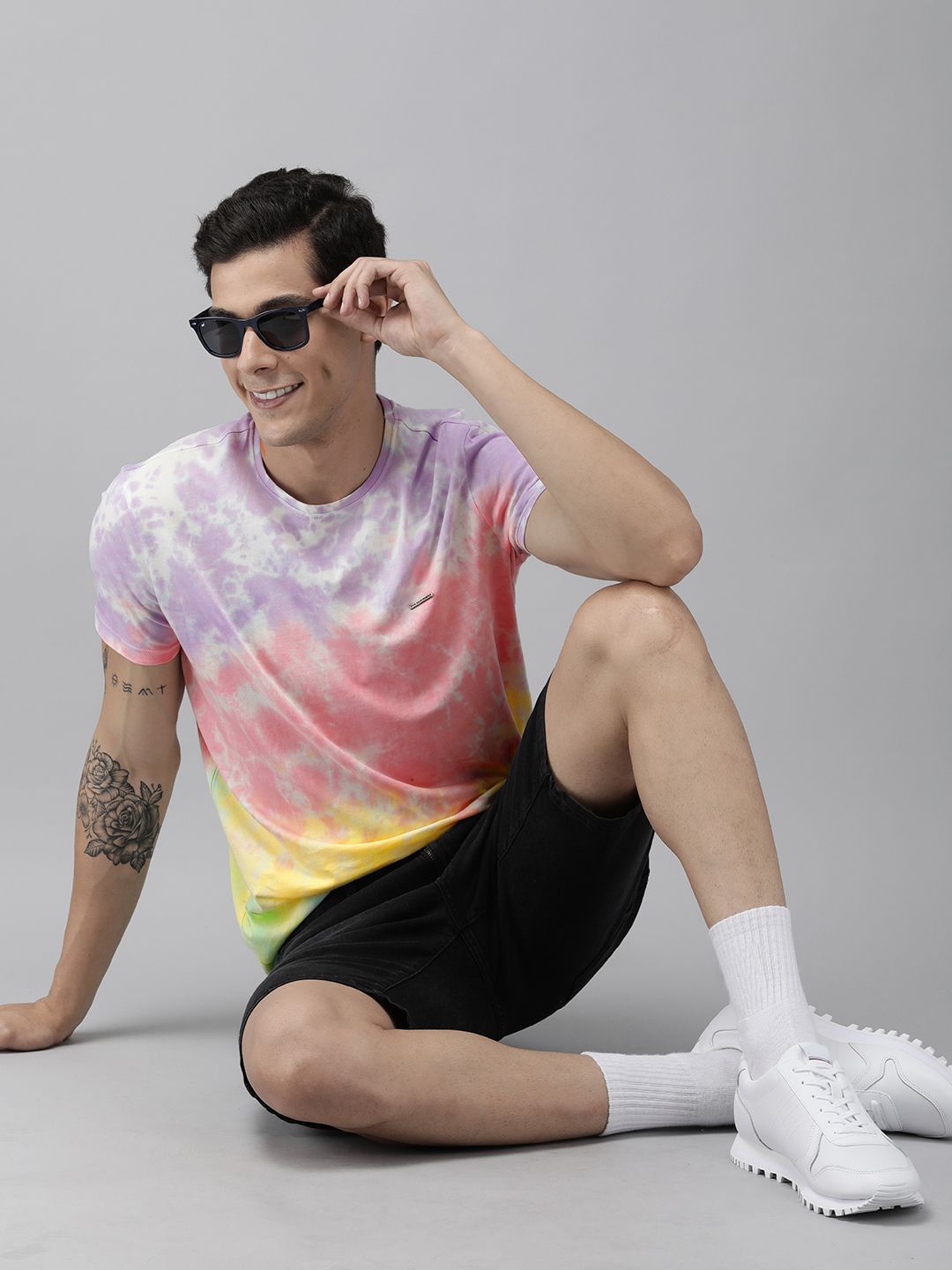 THE BEAR HOUSE Men Pink & Yellow Tie and Dye Pure Cotton Slim Fit T-shirt