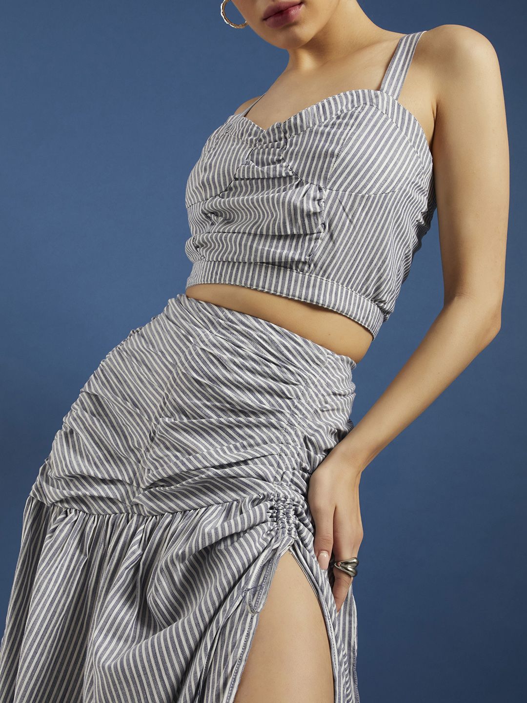 DressBerry Banker Striped Ruched Slit Detailed Co-ord Set