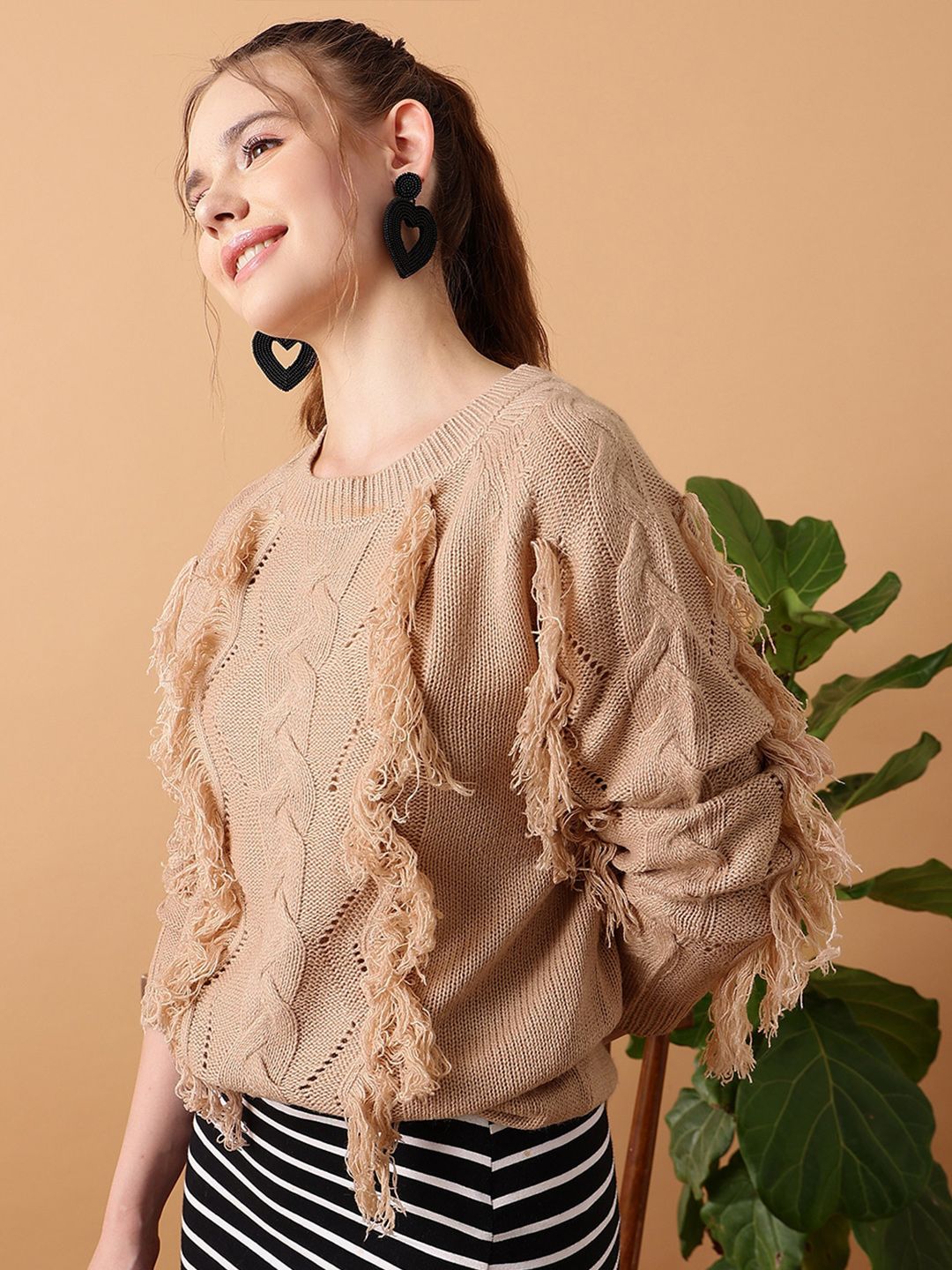 STREET 9 Cable Knit Self Design Fringed Detail Acrylic Pullover Sweater
