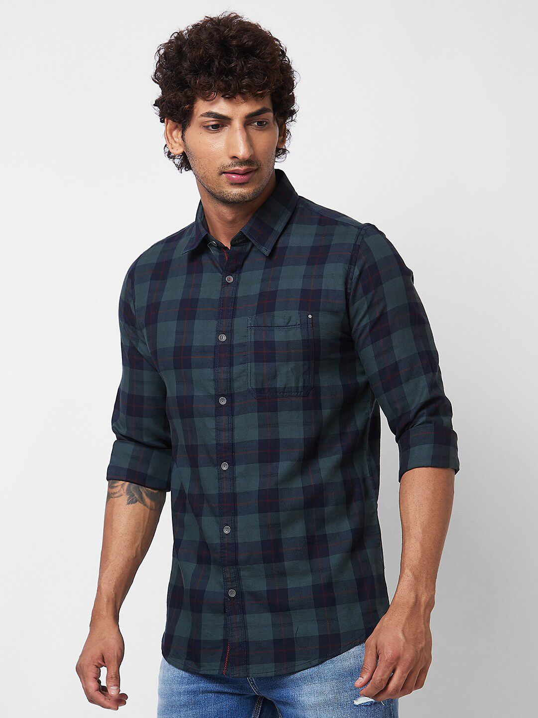 SPYKAR Long Sleeves Regular Fit Cotton Buffalo Checks Opaque Checked Casual Shirt