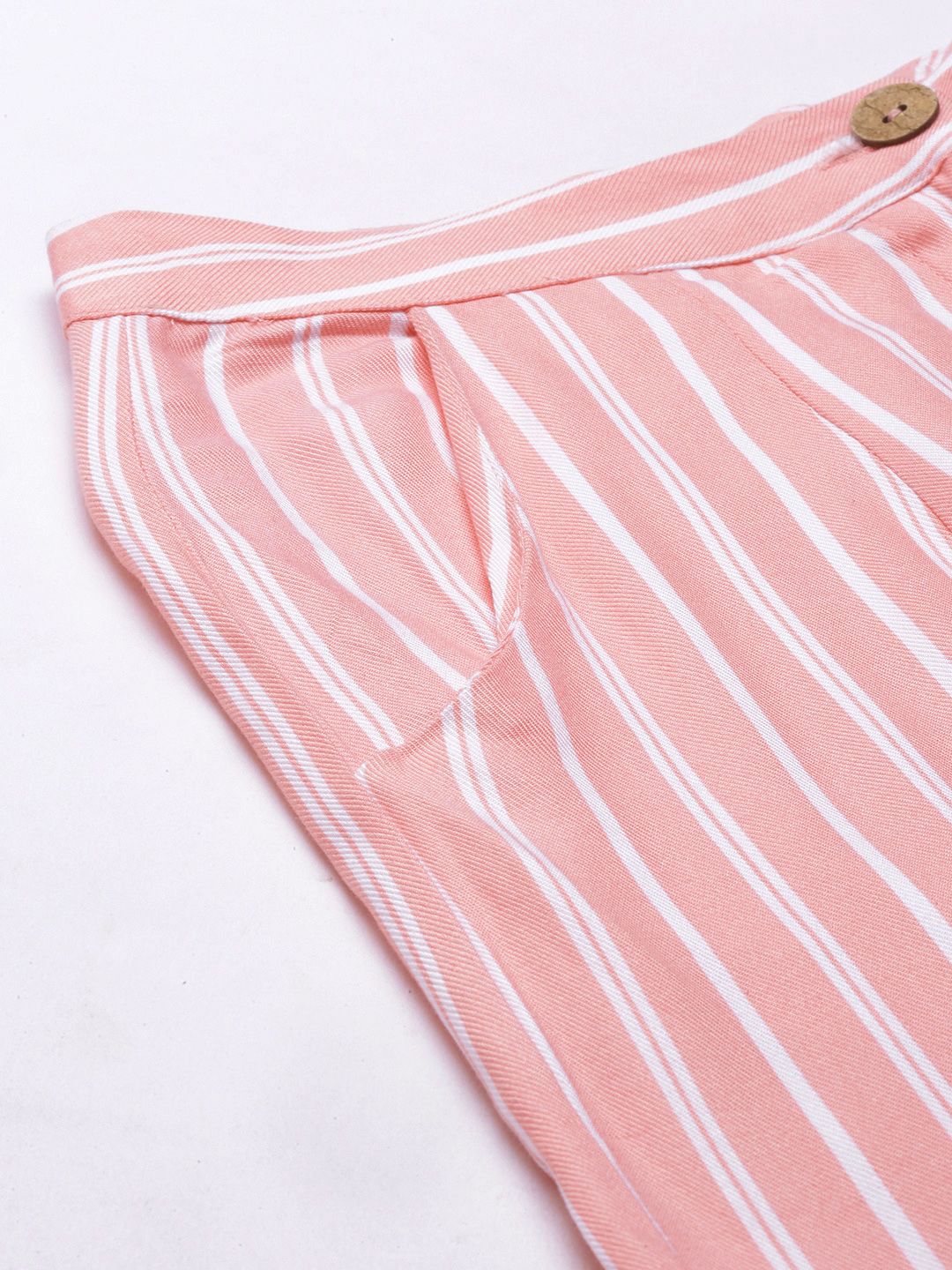AND Women Pink & Off White Striped Fringed Crop Top with Palazzos