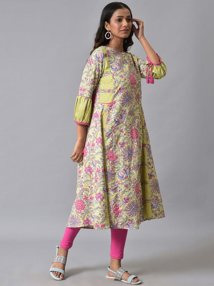 W Puff Sleeves Floral Printed Pleated Anarkali Kurta With Leggings