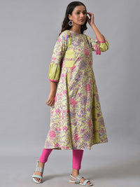 W Puff Sleeves Floral Printed Pleated Anarkali Kurta With Leggings