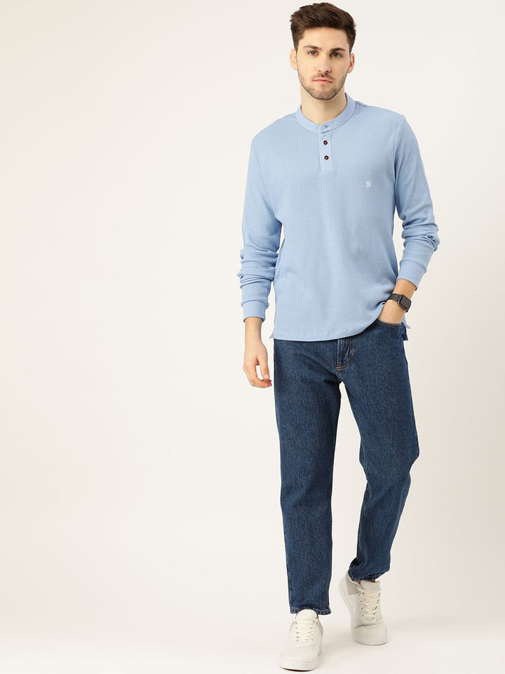 Mr Bowerbird Men Blue Pure Cotton Self-Striped Henley Neck Pure Cotton T-shirt