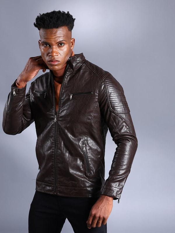 The Indian Garage Co Men Brown Solid Faux Biker Jacket