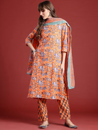 Anouk Floral Printed Pure Cotton Kurta With Trousers & Dupatta