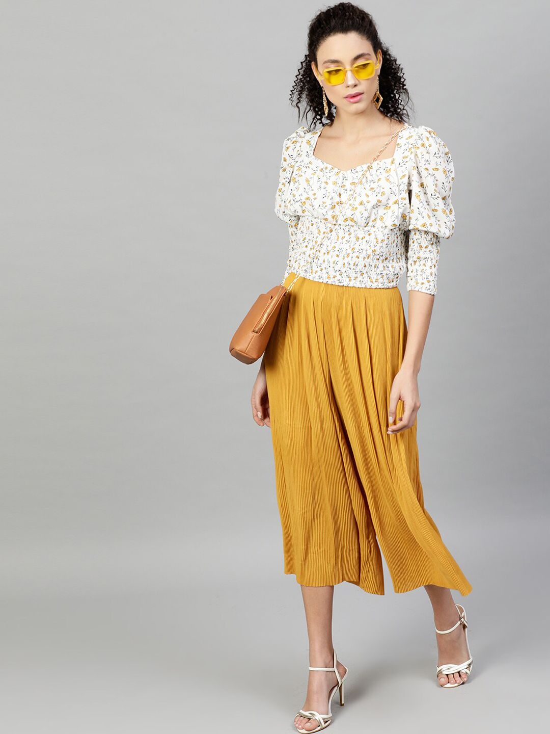 STREET 9 White Floral Printed Sweetheart Neck Puff Sleeves Crepe Blouson Top