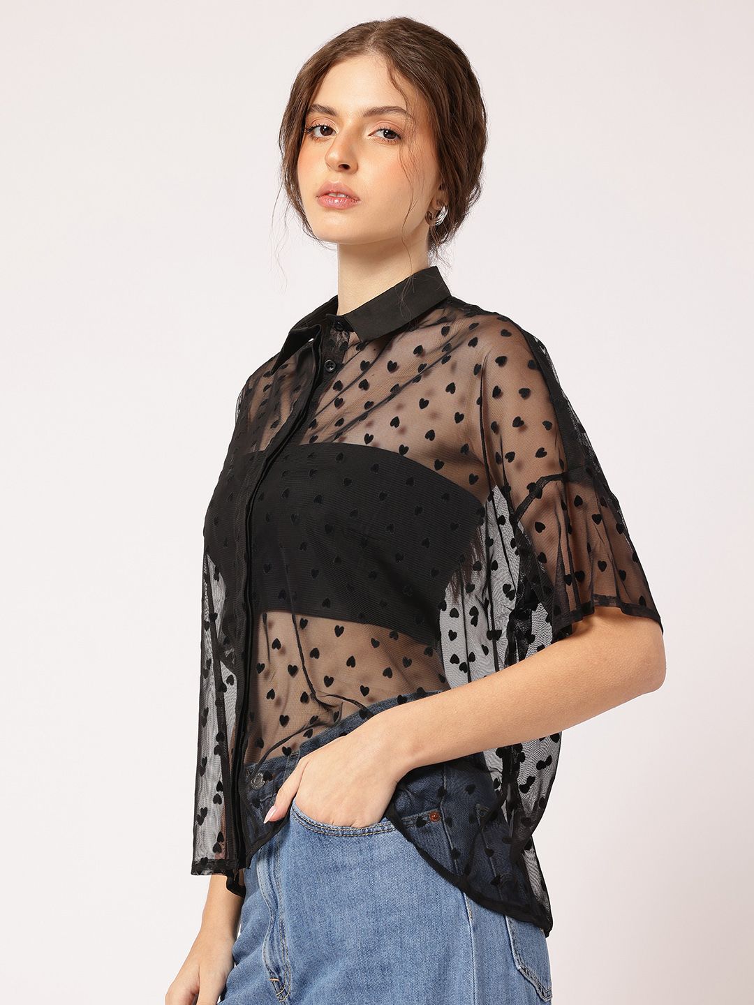 DressBerry Sheer Affection Heart Design Shirt