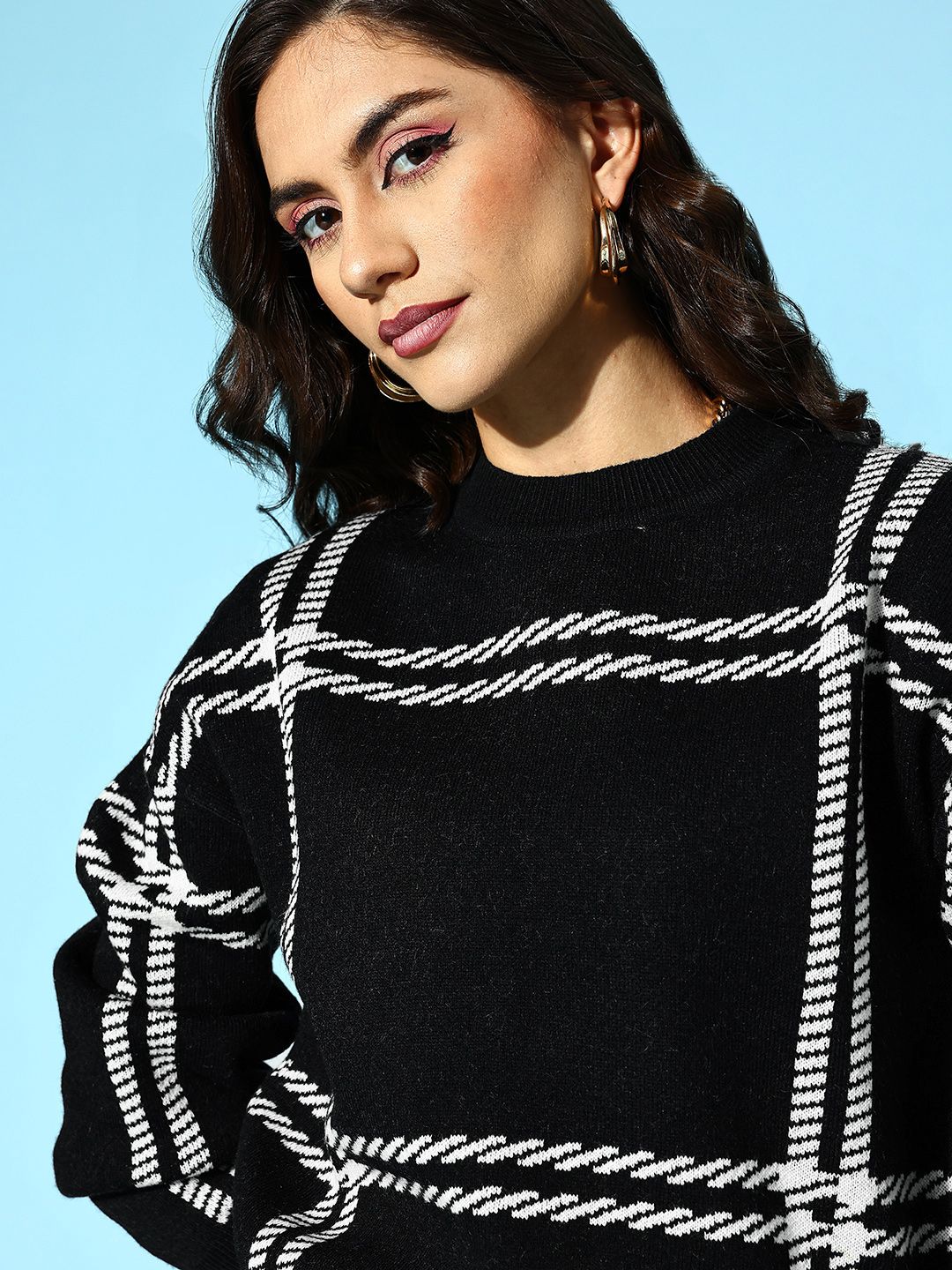 Berrylush Women Classy Black Checked Knits Bits Sweater