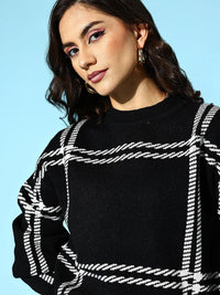 Berrylush Women Classy Black Checked Knits Bits Sweater