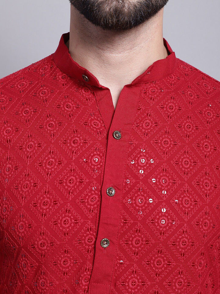 SOJANYA Geometric Embroidered Sequence Mandarin Collar Pure Cotton Kurta
